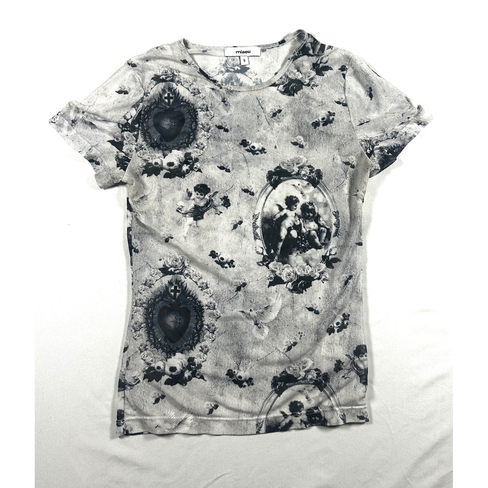Miaou Cherub Sacred Heart Mesh Tee Grey Black Graphic Print Short Sleeve Top S